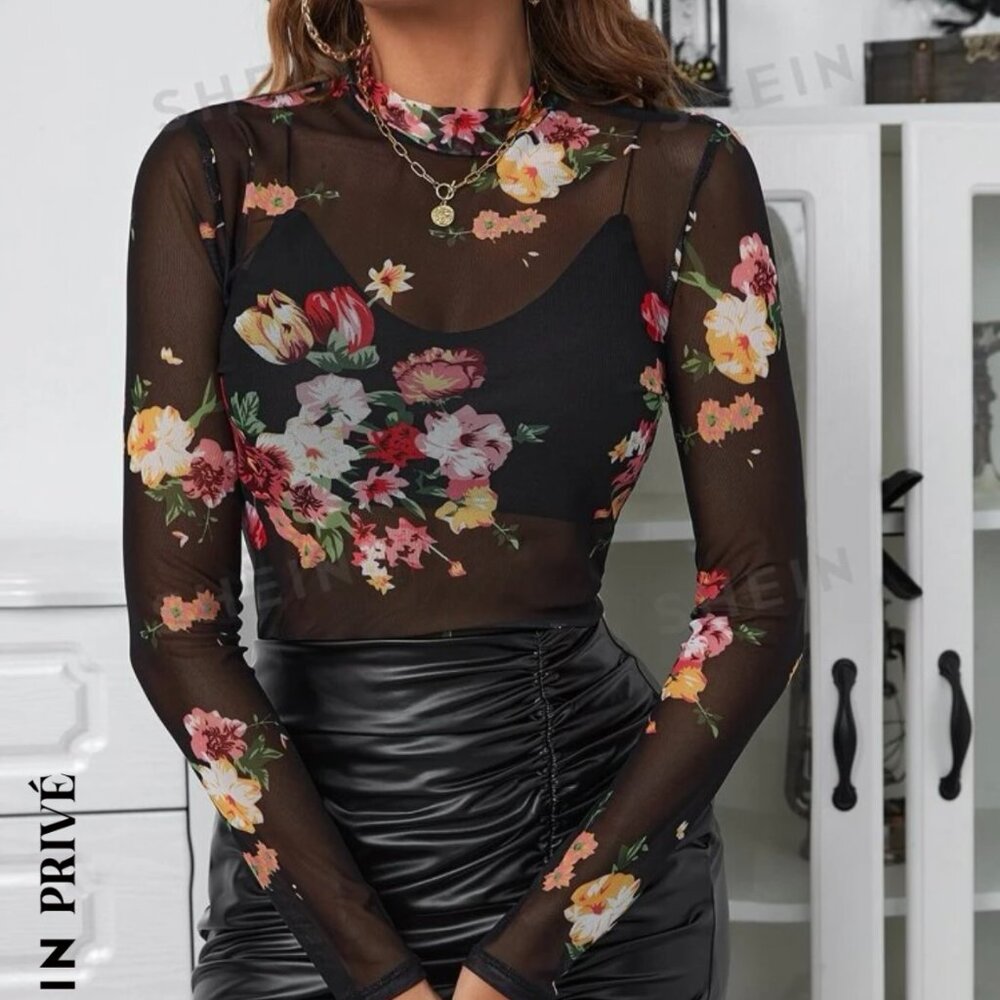 Sheer long sleeved floral top- SHEIN- Size Large-